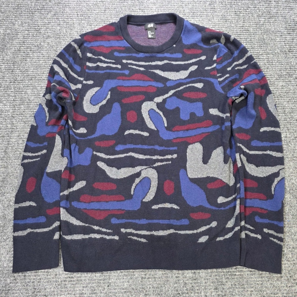 H&M Cotton Crewneck Sweater Men's Size L Navy Blue Burgundy Abstract Jacquard